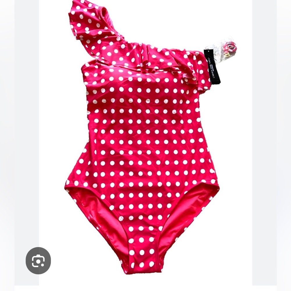 Carmen Marc Valve Polka Dot One Shoulder One Piece Ruffle Swimsuit